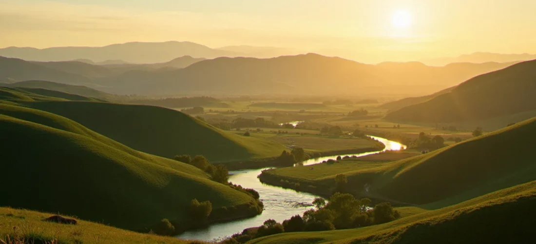 Paysage d'Auvergne au coucher du soleil avec les volcans de la chaîne des Puys et le bocage, illustrant l'Auvergne département par département