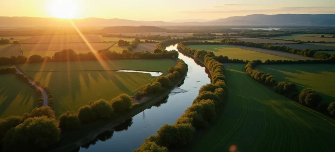 Vue aérienne de la rivière Allier près de Vichy au coucher du soleil, dans l'un des départements d'Auvergne-Rhône-Alpes