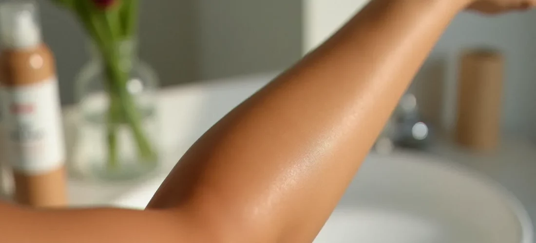 Comparaison avant après autobronzant sur l'avant-bras d'une femme, montrant la transformation d'une peau claire vers un bronzage naturel et homogène