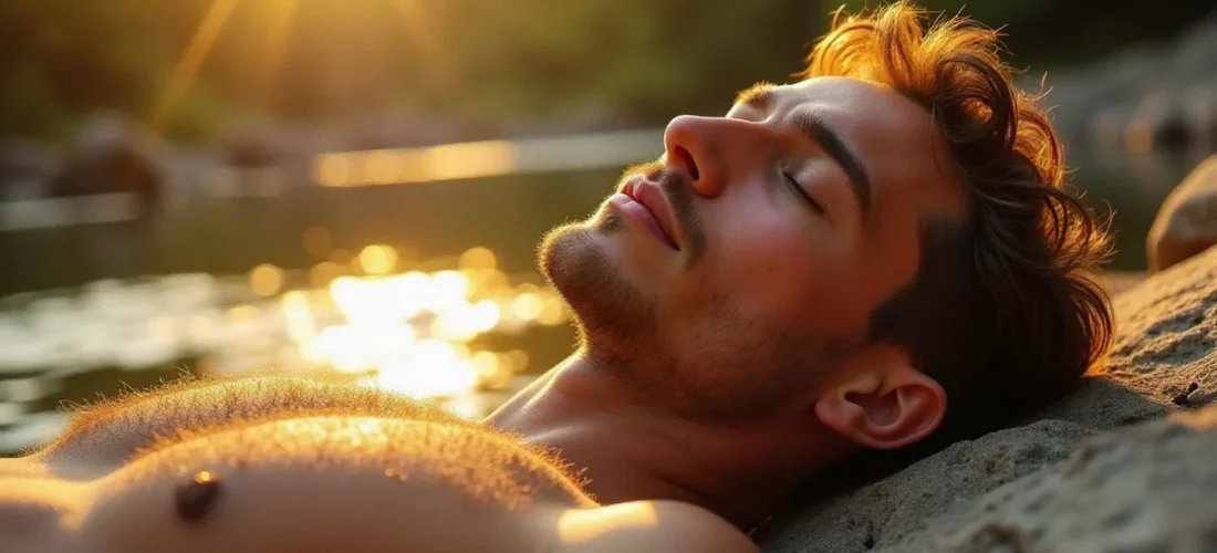 Homme au bronzage doré allongé sur les bords d'une rivière ensoleillée en France, teint chaud et lumineux sous le soleil d'été