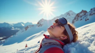 Skieur au visage hâlé tourné vers le soleil d'hiver en montagne, illustrant le bronzage ski sur les pistes enneigées du Massif du Sancy en Auvergne