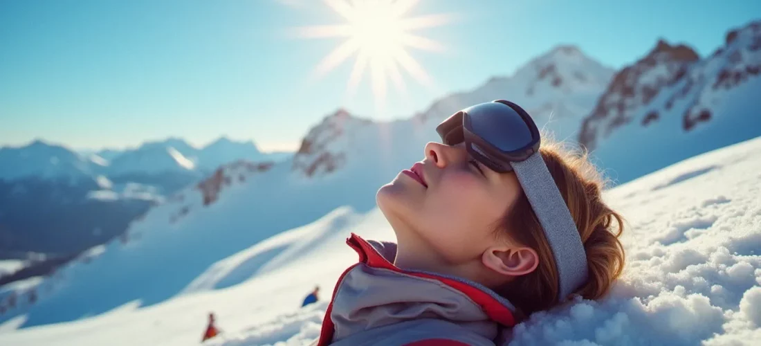 Skieur au visage hâlé tourné vers le soleil d'hiver en montagne, illustrant le bronzage ski sur les pistes enneigées du Massif du Sancy en Auvergne