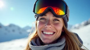 Femme souriante présentant un bronzage skieur typique avec marque de masque autour des yeux, sur une piste enneigée ensoleillée