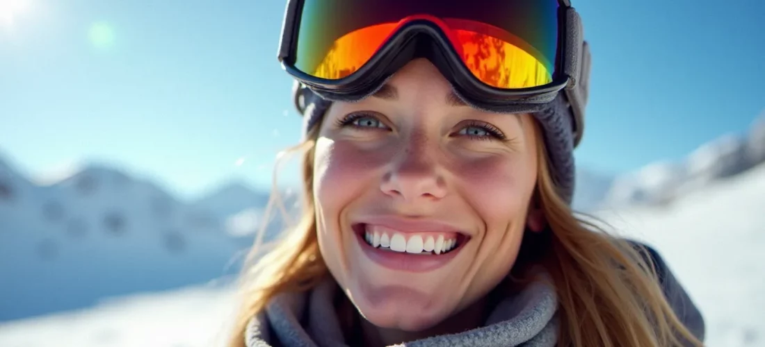 Femme souriante présentant un bronzage skieur typique avec marque de masque autour des yeux, sur une piste enneigée ensoleillée