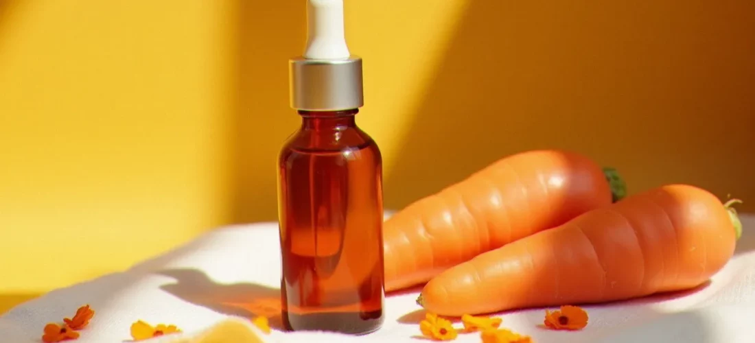Flacon d'huile bronzante carotte posé sur une serviette en lin blanc avec des carottes fraîches, éclairage doré d'été — produit bronzant carotte naturel