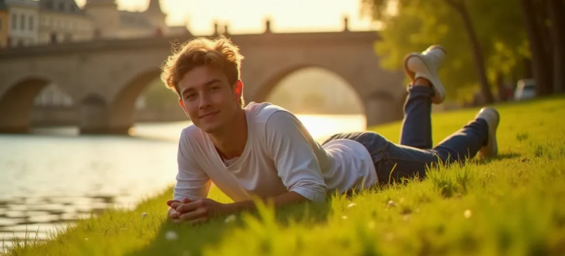 Personne allongée sur les berges herbeuses de l'Allier à Vichy pour bronzer au soleil, lumière dorée de fin d'après-midi