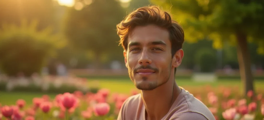 Homme au visage bronzé par le soleil assis dans un jardin public français en été, illustrant un bronzage du visage naturel et progressif réussi