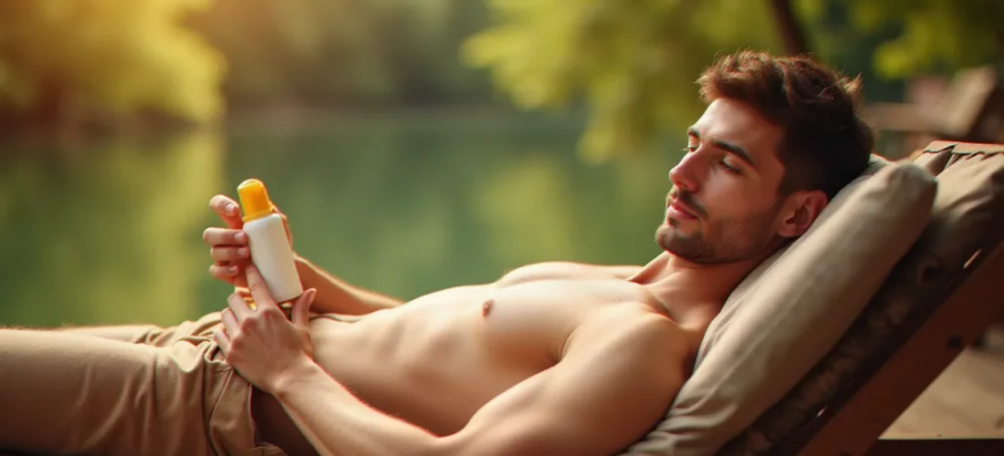 Homme appliquant de la crème solaire au bord d'une rivière par une journée ensoleillée, astuce pour bronzer plus vite tout en se protégeant