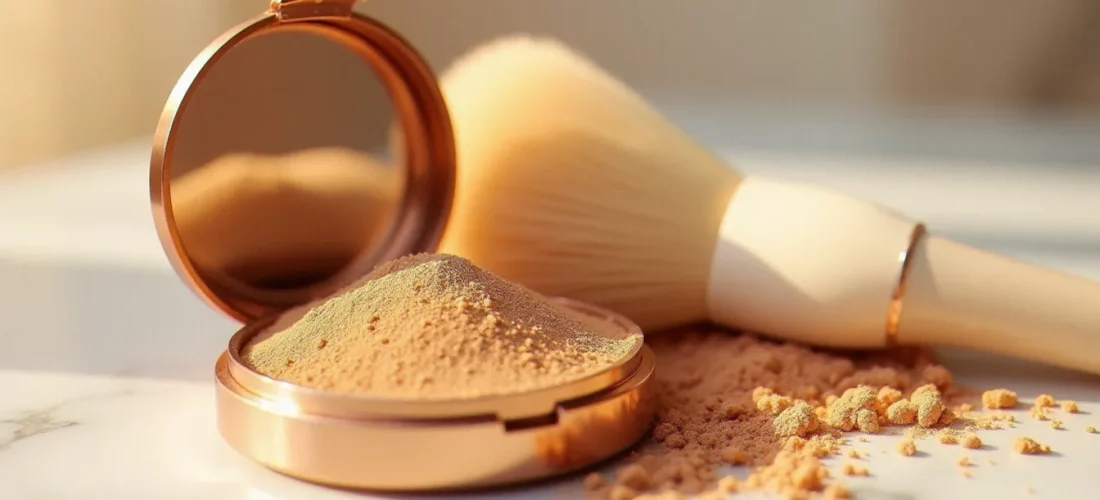 Compact ouvert de bronzeur poudre aux reflets dorés avec un pinceau kabuki posé à côté sur une surface en marbre blanc, éclairage naturel doux