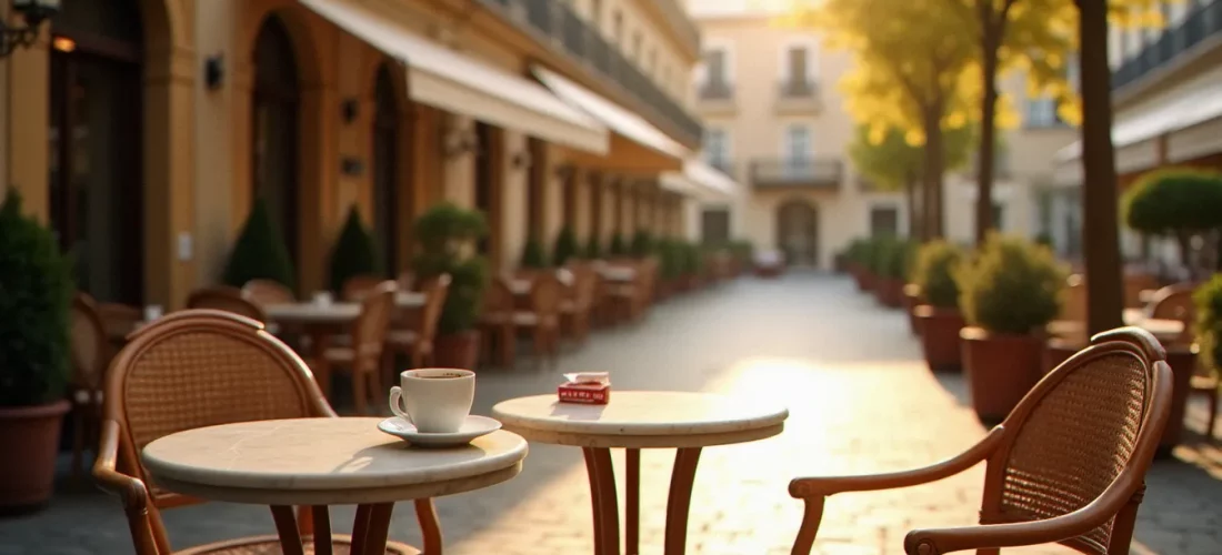 Terrasse de café ensoleillée à Vichy avec architecture Belle Époque, tasse d'espresso sur table en marbre illustrant les prix d'un café à Vichy