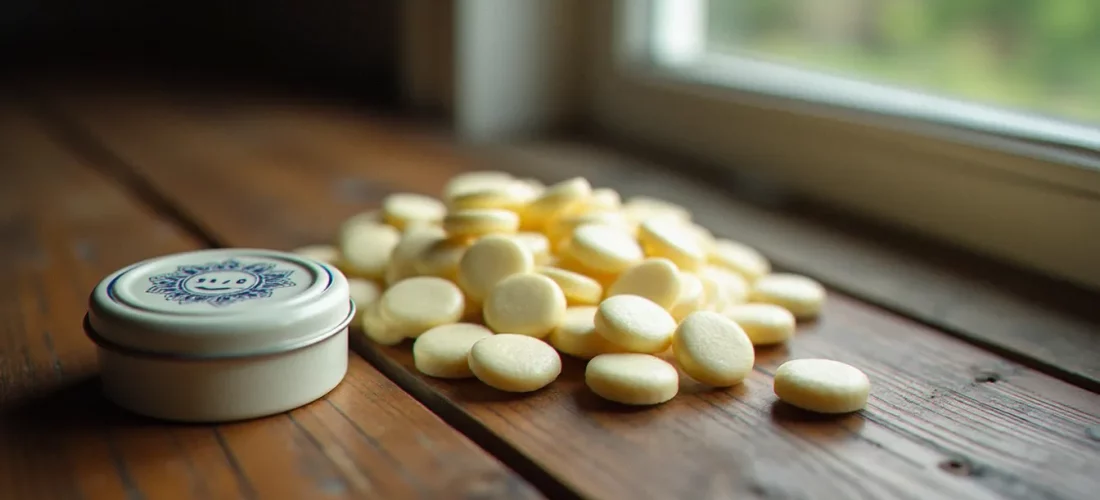 Célèbres pastilles Vichy en forme de losange blanc disposées sur une surface en bois ancien avec leur boîte métallique traditionnelle