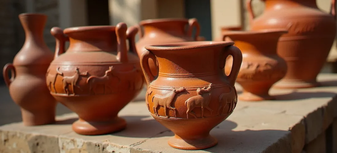 Collection de vases en céramique romaine antique de type sigillée, à vernis rouge orangé brillant avec décors en relief, posés sur une surface en pierre
