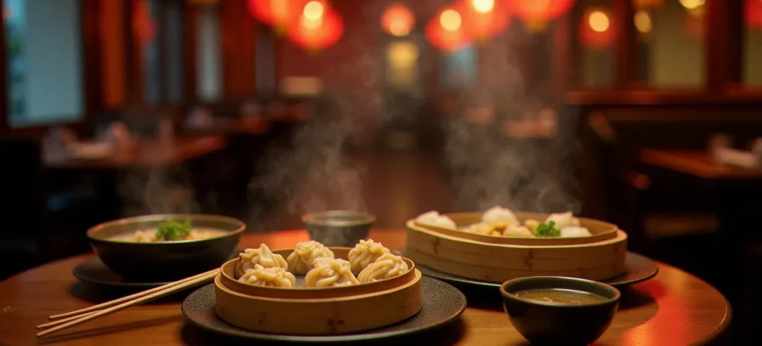 Table d'un restaurant chinois à Vichy avec des dim sum vapeur, une soupe de nouilles et du thé jasmin, ambiance chaleureuse en soirée