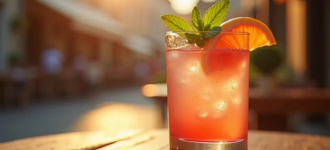 Verre de cocktail sans alcool facile à base de pamplemousse rosé, zeste d'orange et feuille de menthe, sur une table de terrasse en bois à Vichy