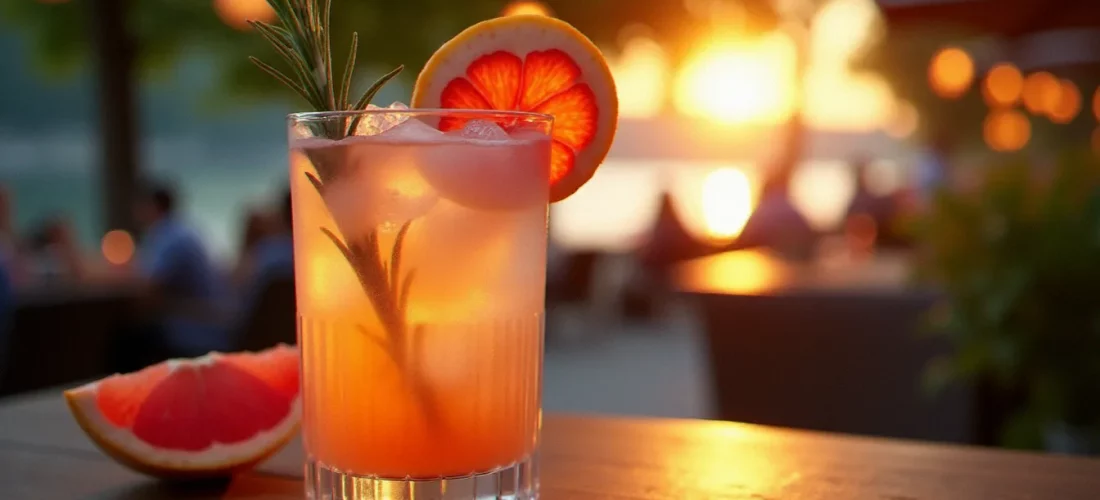 Un cocktail sans alcool élaboré dans un verre en cristal, garni d'une tranche de pamplemousse et d'un brin de romarin, servi sur un comptoir en bois avec une lumière dorée de coucher de soleil