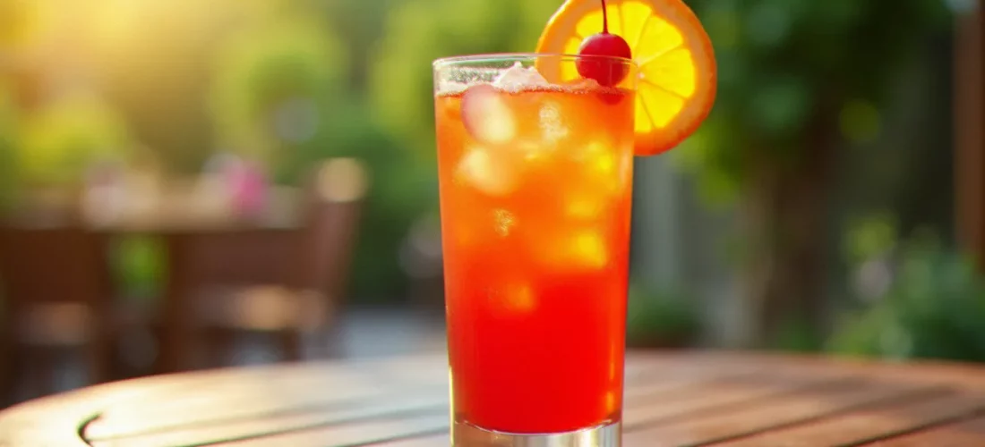 Verre de cocktail sans alcool à la grenadine avec jus d'orange et eau gazeuse, garni d'une cerise et d'une rondelle d'orange sur une terrasse ensoleillée