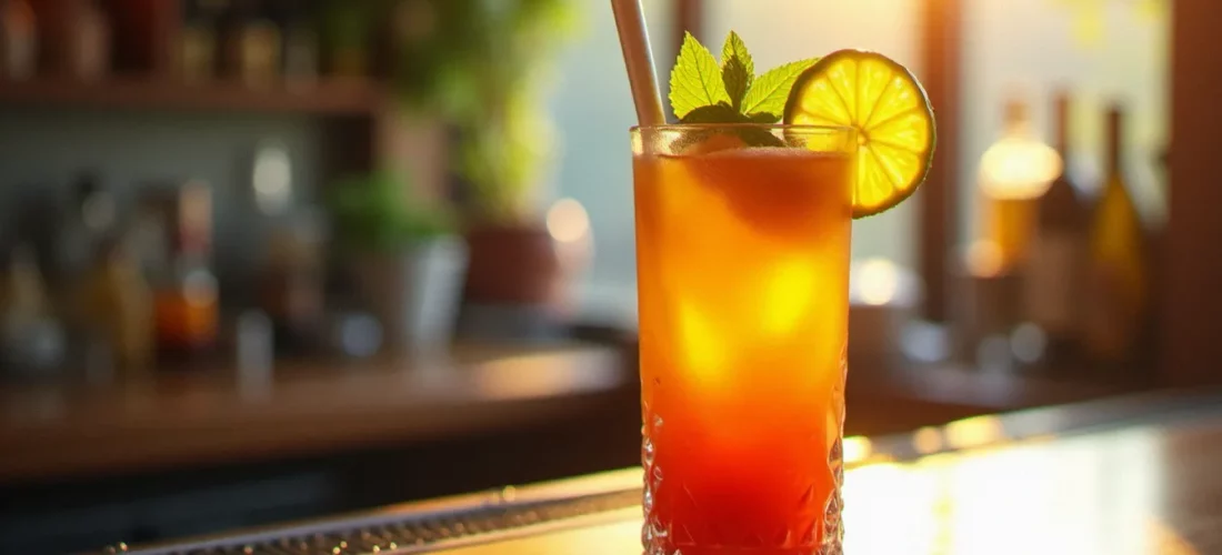 Cocktail sans alcool à base de jus de fruit tropical servi dans un verre en cristal sur un comptoir de bar, garni de menthe fraîche et d'une tranche de citron vert