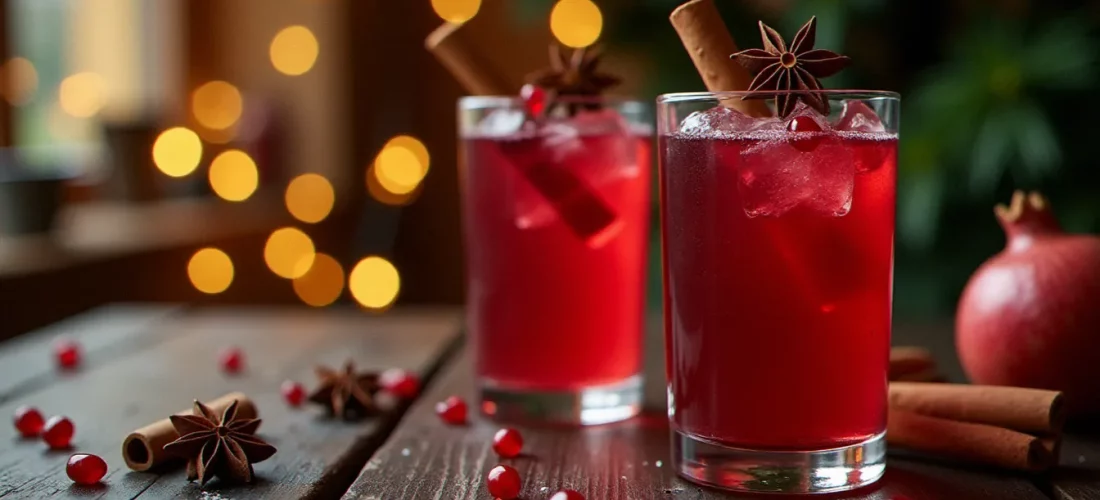 Trois cocktails sans alcool de Noël à base de grenade et épices, présentés sur une table festive décorée de lumières dorées