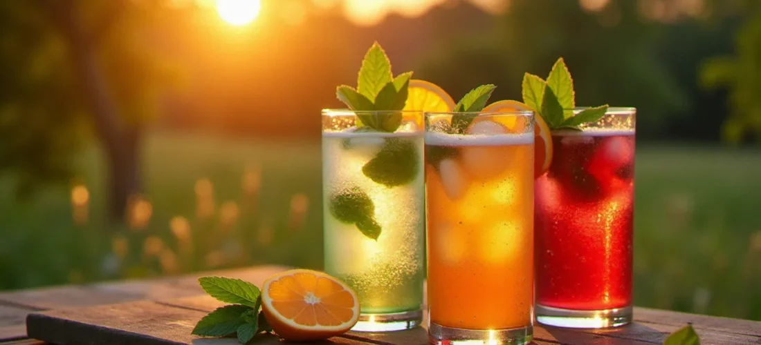 Trois cocktails sans alcool pétillants faciles aux couleurs vives sur une table en bois, garnis de menthe fraîche et de rondelles d'agrumes à la lumière du soir