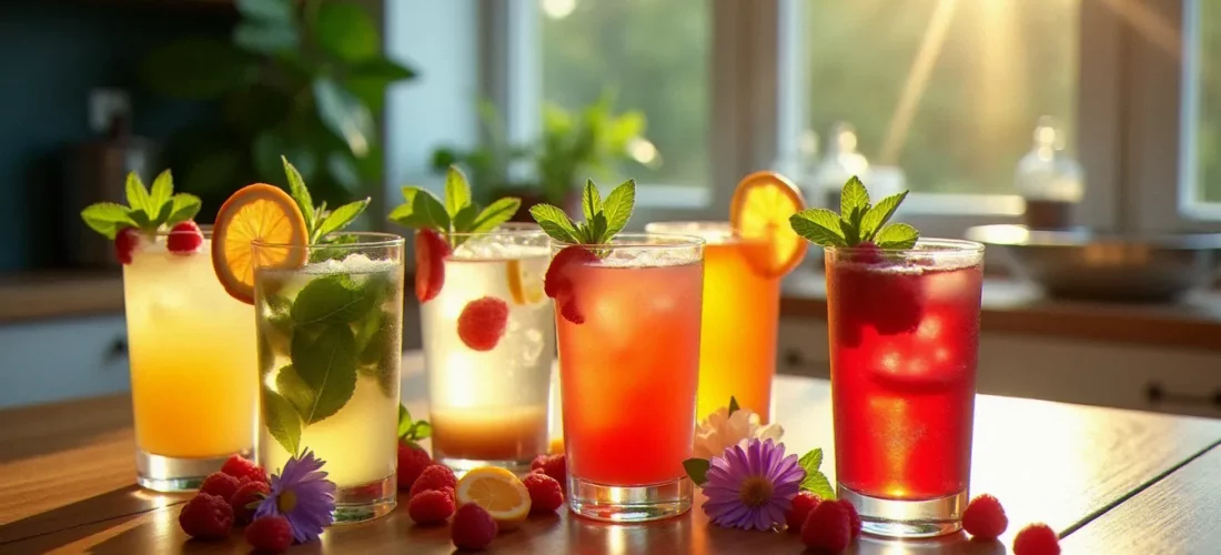 Huit recettes de cocktails sans alcool présentées dans différents verres avec des garnitures fraîches de menthe, agrumes et fruits rouges sur une table en bois