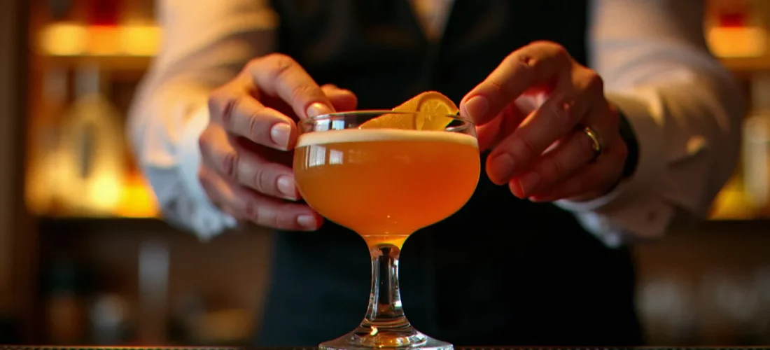Un barman garnissant un cocktail signature drink ambré dans un verre coupe en cristal, éclairage doré de bar