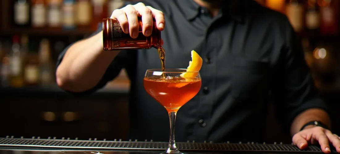 Un bartender versant un cocktail signature ambre doré dans un verre coupe sur un comptoir en marbre sombre, lumière tamisée et atmosphère de bar haut de gamme
