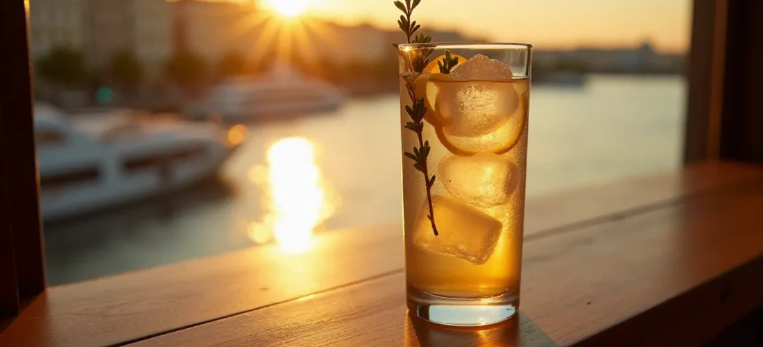 Le cocktail signature Euclide d'O'Sunset Vichy, un long drink aux herbes fraîches et au citron, servi en terrasse au coucher du soleil