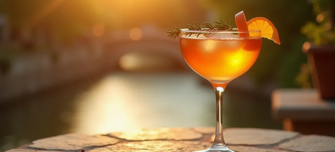Un cocktail signature ambré servi dans un verre à pied sur une terrasse en pierre à Vichy, garni de thyme frais et zeste d'orange, avec l'Allier en arrière-plan au coucher du soleil