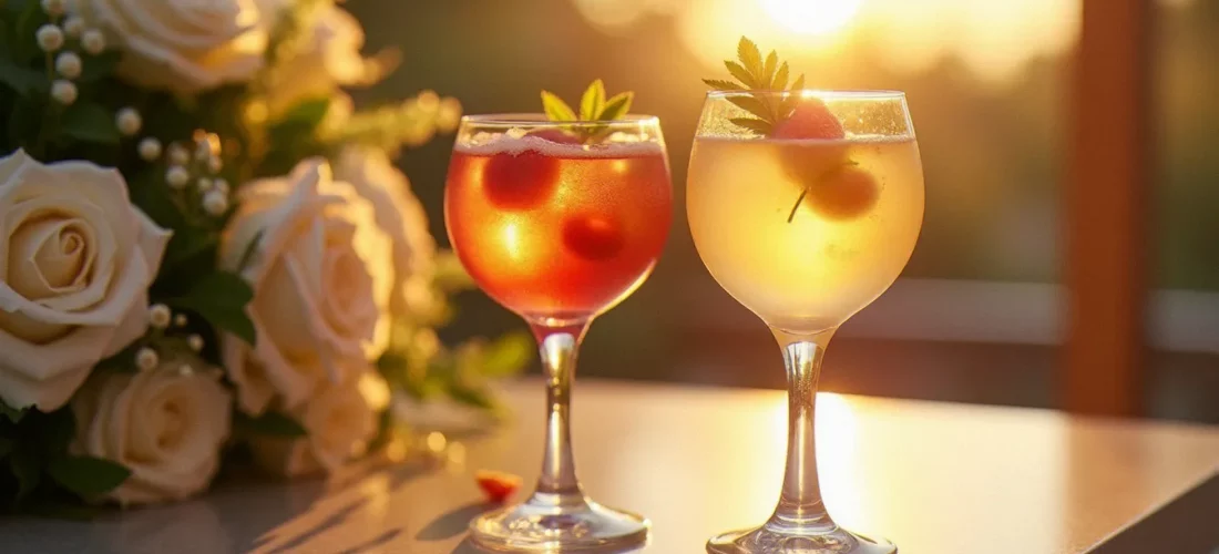 Deux cocktails signature mariage élégants servis dans des verres en cristal avec des fleurs comestibles lors d'un cocktail de réception au coucher du soleil