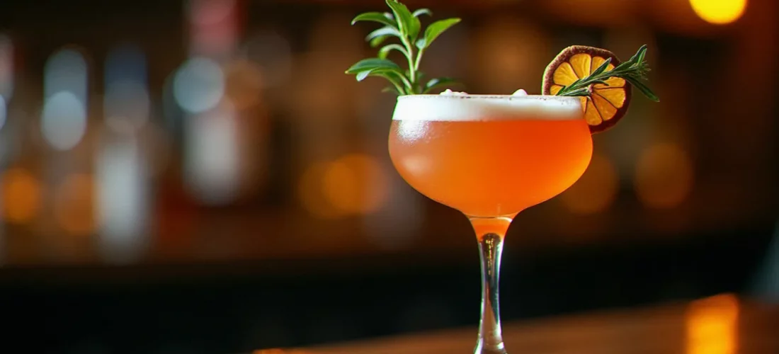 Cocktail signature servi dans un verre coupe en cristal sur un comptoir de bar en bois sombre, illustrant le concept de cocktail signature meaning