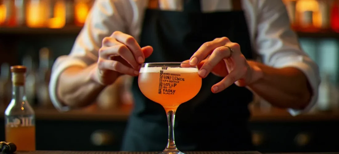 Barman posant une étiquette artisanale sur un verre de cocktail signature dans un bar à l'éclairage chaleureux