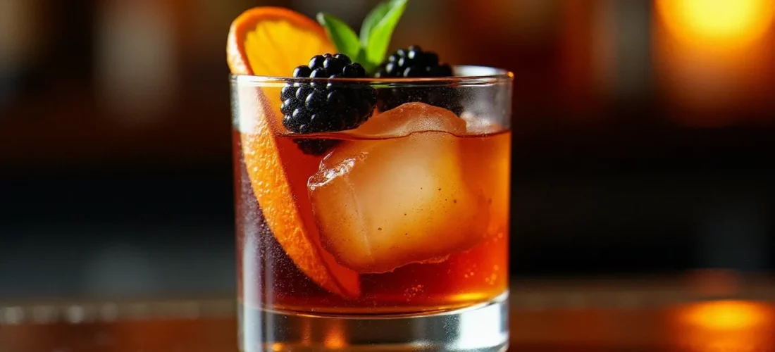 Cocktail signature au rhum servi dans un verre old-fashioned avec glaçon et garniture d'orange sur un comptoir de bar en bois sombre