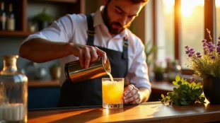 Bartender préparant un cocktail signature SP 2026 avec des fleurs locales et des spiritueux artisanaux dans un bar de Vichy