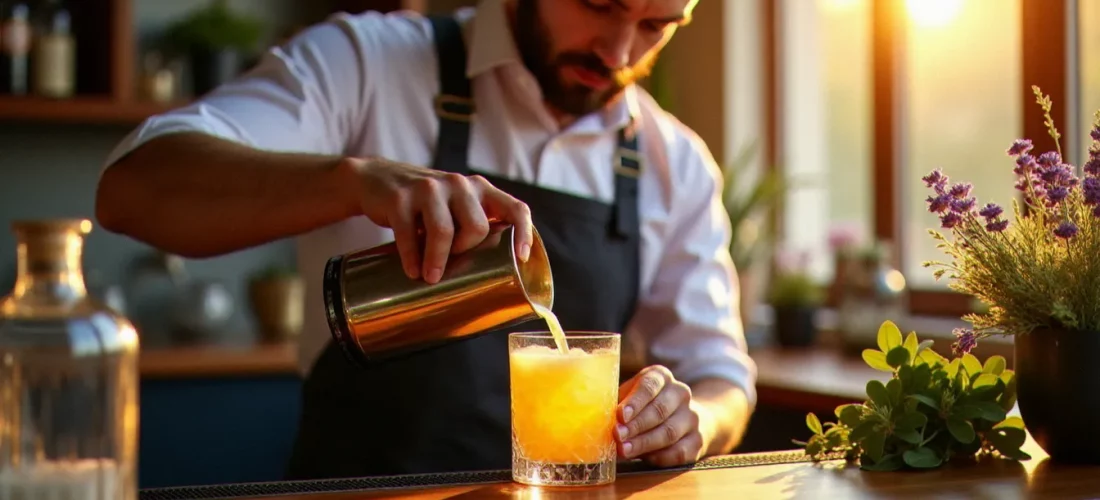 Bartender préparant un cocktail signature SP 2026 avec des fleurs locales et des spiritueux artisanaux dans un bar de Vichy