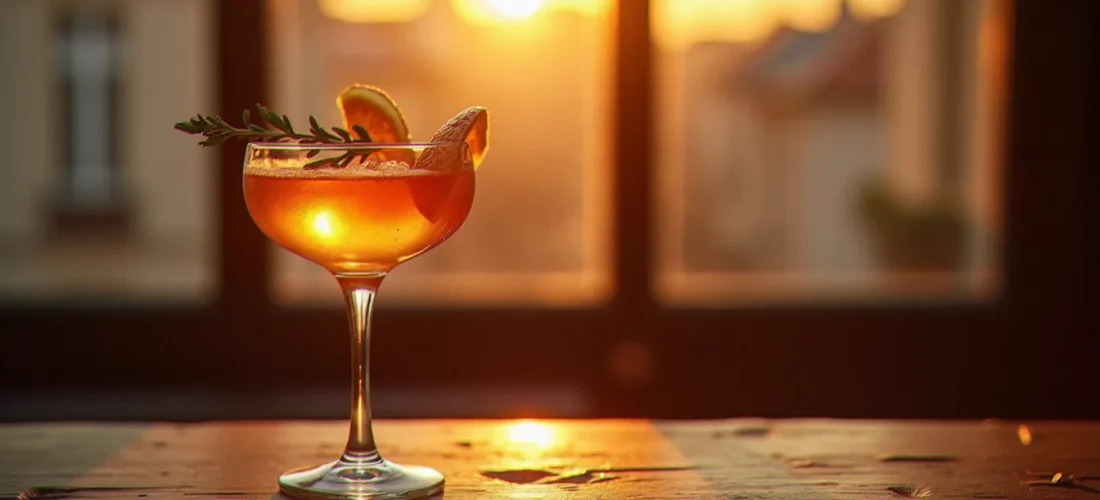 Un cocktail signature SP servi dans un verre à pied, garni d'un brin de thym frais, sur un comptoir en bois en fin de journée à Vichy