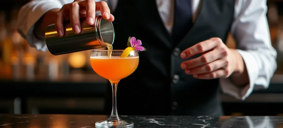 Barman versant un cocktail signature à base de vodka dans un verre coupe sur un comptoir en marbre noir, garni d'un zeste de citron et d'une fleur comestible