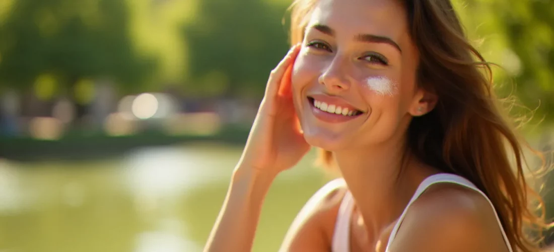 Femme appliquant une protection solaire sur son visage en plein air pour apprendre comment bronzer du visage sainement lors d'une journée ensoleillée d'été