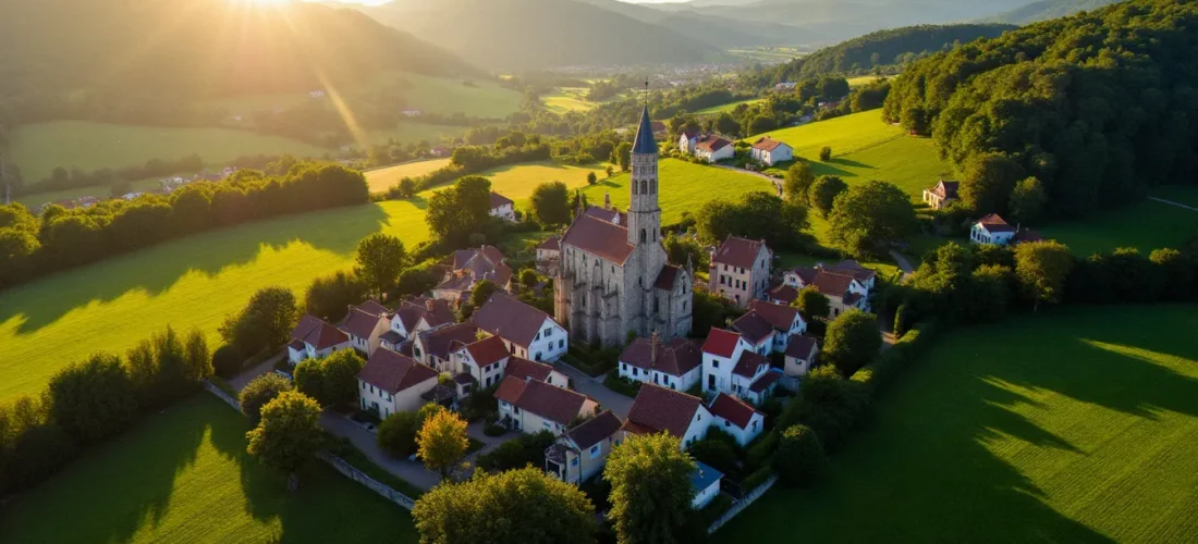 Vue aérienne d'une commune dans l'Allier avec église romane et paysage bocager auvergnat sous lumière dorée