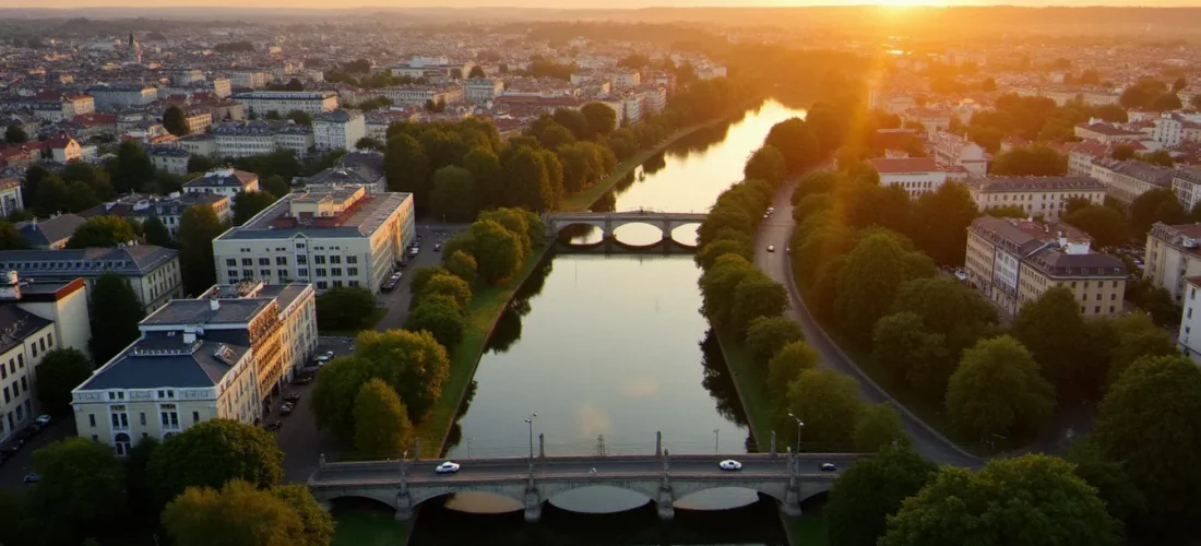 Vue aérienne de Vichy, commune touristique en France, avec ses bâtiments art déco et les rives de l'Allier au coucher du soleil
