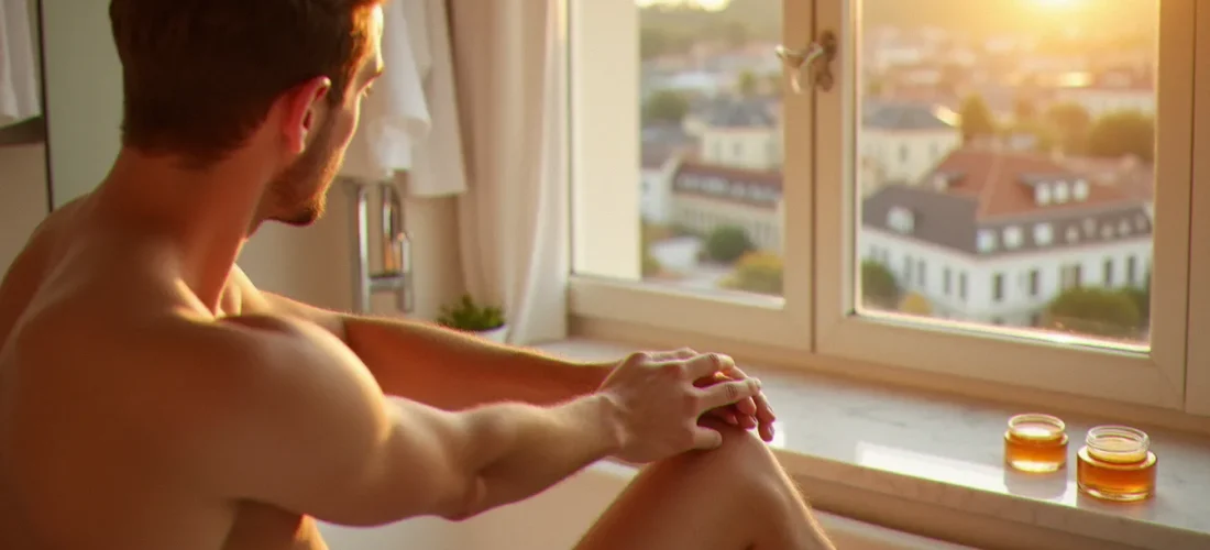 Un homme appliquant de la crème bronzante sur son avant-bras dans une salle de bain lumineuse avec vue sur une ville française, pot de crème dorée sur une étagère en marbre blanc