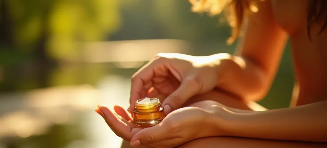 Application d'une crème pour bronzage dorée sur une peau ensoleillée, avec un pot de crème bronzante en premier plan et un parc verdoyant en arrière-plan