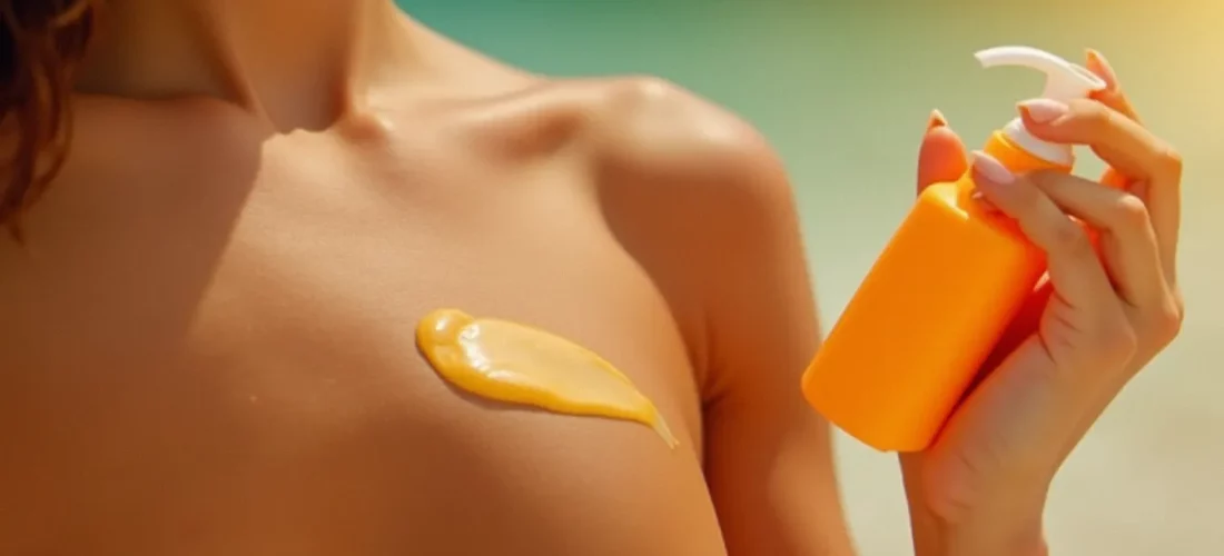 Application de crème solaire activateur bronzage sur une peau hâlée en plein été, avec une bouteille de lotion solaire dorée