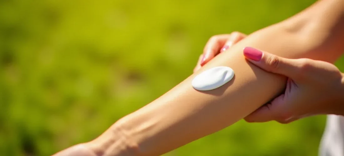 Application d'une crème solaire autobronzante sur la peau dorée d'un avant-bras en plein soleil d'été