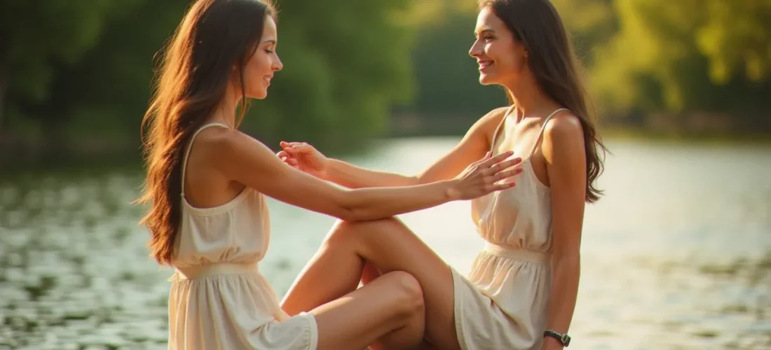 Jeune femme appliquant une crème solaire bronzante sur le bras allongée sur un ponton en bois au bord d'une rivière française en été