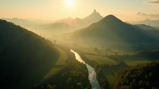Paysage du département de l'Auvergne au coucher du soleil, avec les volcans de la Chaîne des Puys et la campagne bocagère