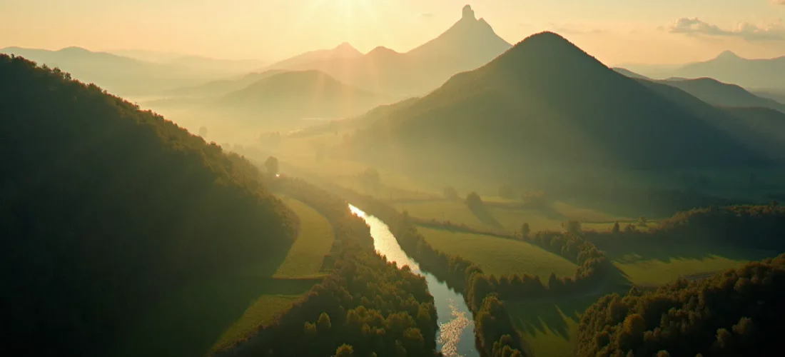 Paysage du département de l'Auvergne au coucher du soleil, avec les volcans de la Chaîne des Puys et la campagne bocagère