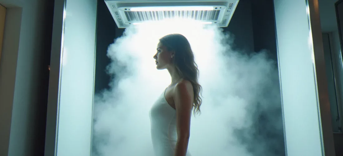 Cabine de douche autobronzante professionnelle projetant un brouillard de solution DHA, illustrant les dangers potentiels liés à l'inhalation lors d'une séance