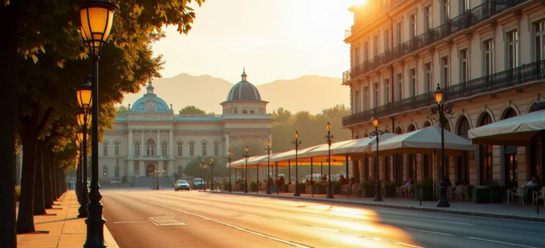 Promenade d'une grande ville d'eaux d'Europe à l'heure dorée, avec architecture Belle Époque et thermes historiques en arrière-plan