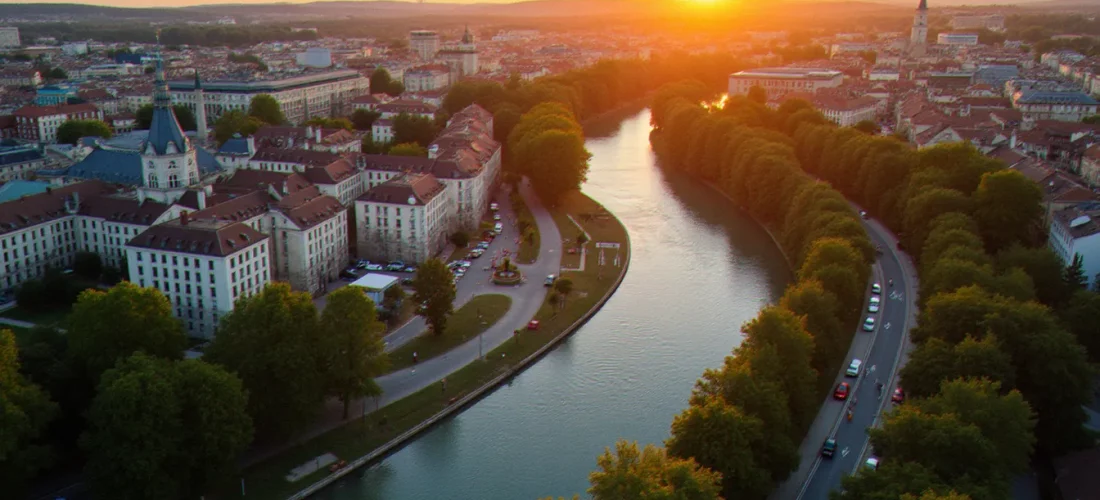 Vue aérienne de Vichy au coucher du soleil, montrant les thermes et le centre-ville historique