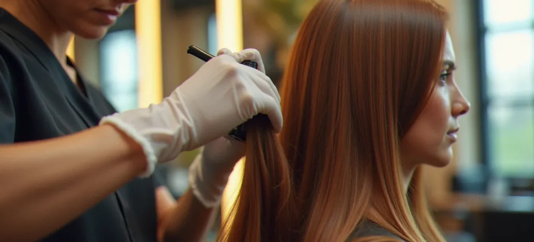 Coloriste appliquant une technique de hair bronzing sur cheveux châtains dans un salon lumineux aux reflets dorés